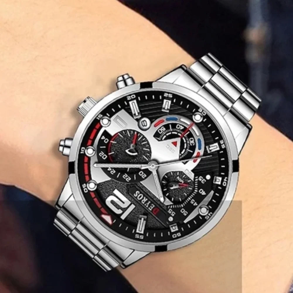 New Silver Chronograph Mens Sport Quartz Waterproof Luxury Stainless Steel Watch - Picture 7 of 13